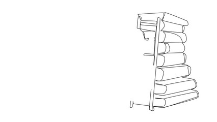 Poster - Animated self drawing of continuous line drawing astronaut climbs a large stack of books with a ladder. World window book metaphor. Reading increases knowledge. Full length single line animation