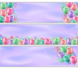 Wall Mural - Set of headers with 3d realistic colorful glossy balloons and confetti decoration with blank space for greeting text. Panoramic banners design for birthday, celebration party, sale, ads, invitation