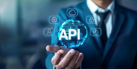 A businessman holding virtual text API and icons