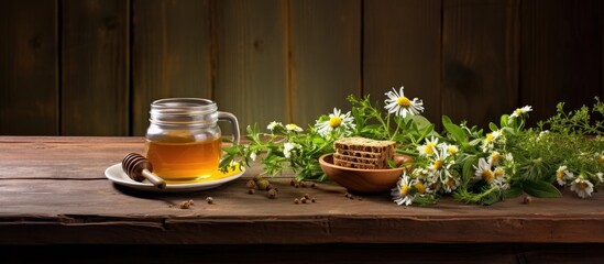 Poster - Cup of hot aromatic tea honey and different fresh herbs on wooden table. Creative banner. Copyspace image