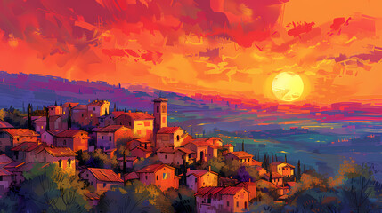 Digital painting of a sunset over the hillside village in the countryside