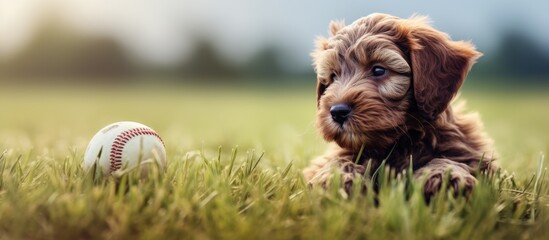 Poster - dog sniffing grass field sports baseball brown fuzzy fur puppy. Creative banner. Copyspace image