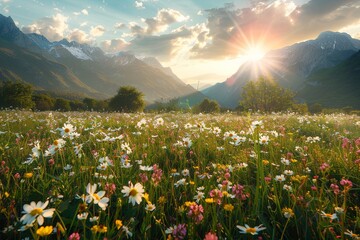 Poster - Blooming Field with Sunrise and Mountains: A stunning field of blooming flowers with the sun rising behind mountain peaks