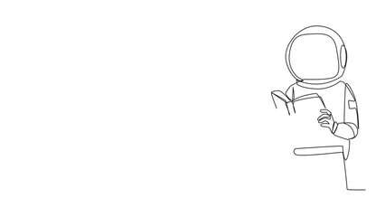 Poster - Self drawing animation of continuous one line drawing young energetic astronaut focus on reading. Try to find answer to task given. Seek more knowledge. Reading increases insight. Full length animated