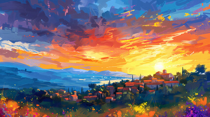 Digital painting of a sunset over the hillside village in the countryside