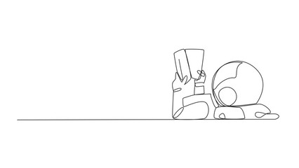 Poster - Animation of single line drawing astronaut lying on back reading book. Reading favorite comic. Big fan of fiction books. Enjoy storyline. Reading increase insight. Full length motion