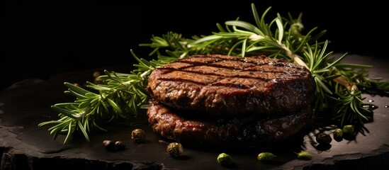 Aufkleber - Grilled burger cutlet with rosemary and salad leaves. Creative banner. Copyspace image