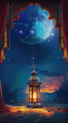 Wall Mural - Islamic eid background with hanging arabic lantern or lamp night view ramadan background copy space for text