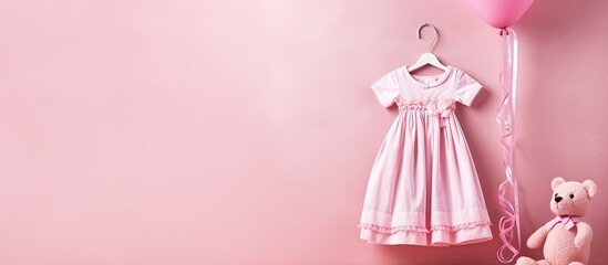 Aufkleber - Baby fashion concept pink dress with toy Kids set background. Creative banner. Copyspace image
