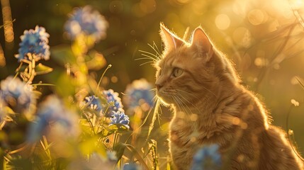 Wall Mural - bluestar flowers in spring with beautiful light and cat