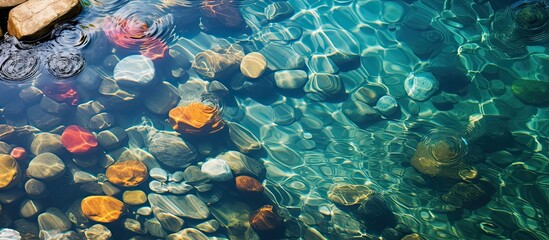 Poster - Top view of colorful sea stones under the water Transparent sea water with reflections. Creative banner. Copyspace image