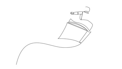Poster - Animation of continuous line drawing astronaut standing on large flying open book. Like riding a cloud, able to fly as high as possible. Single line self drawing animated. Full length motion