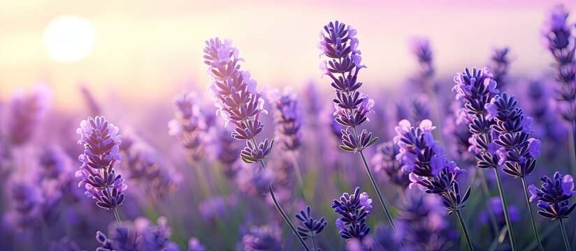 Lavender flowers lilac nature summer field background. Creative banner. Copyspace image