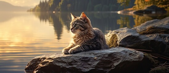 Poster - the cat is sitting on a rock. Creative banner. Copyspace image