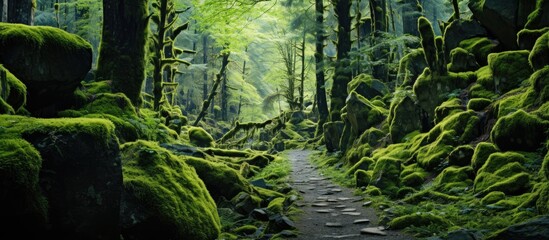 Poster - green moss on the stones rocky tropic with moss black small stones and green moss Overgrown forest wild path with green moss and high spruce tree POV nature explore shot. Creative banner