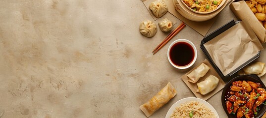 Chinese Takeout: A Top-Down View of a Background with Chinese Food: Featuring dumplings, fried rice, spring rolls, sweet