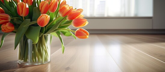 Aufkleber - A bouquet of bright tulips on the kitchen floor Tulips on the background of the home interior Spring flowers Fresh orange budstulips. Creative banner. Copyspace image