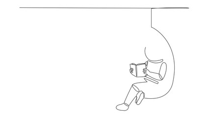 Poster - self drawing animation of continuous line drawing astronaut sitting relax in hanging chair reading b