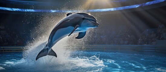 Poster - dolphin jumping in an exhibition splashing water. Creative banner. Copyspace image