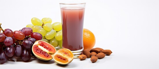 Poster - Glass of tamarind juice and fresh fruits isolated on white. Creative banner. Copyspace image
