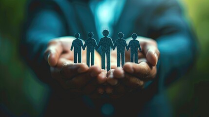 A close-up of hands holding paper cutout people figures, symbolizing teamwork, unity, and support in human resources and community.