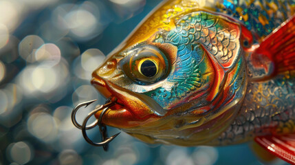 Wall Mural - Close-up shot of a colorful rubber fish with a sharp fishing hook attached, highlighting the realistic details used to attract fish.