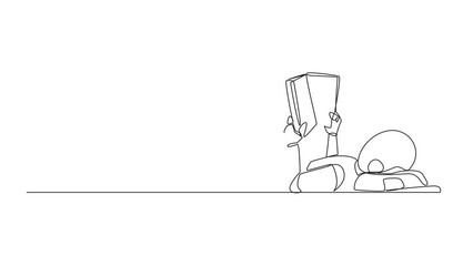 Poster - Self drawing animation of continuous line drawing robot lying on back reading book. Reading favorite comic. Big fan of fiction book. Enjoy the storyline. Reading increase insight. Full length animated
