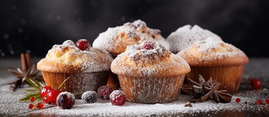 Poster - Delicious muffins filled with fruit and dusted with icing sugar making for a mouthwatering copy space image