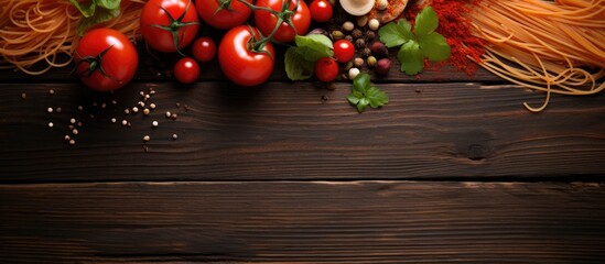 Poster - Top view of Italian food cooking ingredients for tomato pasta with vegetables and spices on a wooden background Ideal for copy space image
