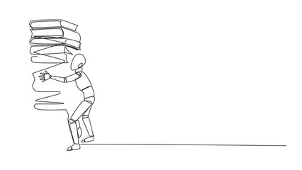 Poster - Animated self drawing of continuous one line drawing smart robot hugging very high pile of books. Hobby to collecting and reading books. Filling free time. Full length single line animation