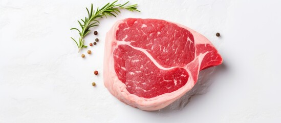 Wall Mural - A view of a raw organic pork chop steak on a white textured background with copy space for your text