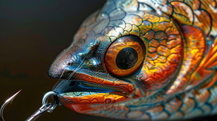 Wall Mural - Detailed close-up of a rubber fish lure with a sharp fishing hook attached, showcasing its lifelike scales and vibrant colors designed to attract fish.