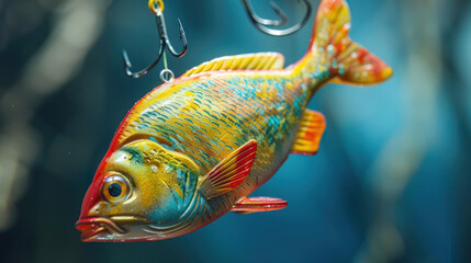 Wall Mural - Detailed shot of a rubber fish attached to a fishing hook, showcasing its realistic design and bright colors, ideal for fishing enthusiasts.