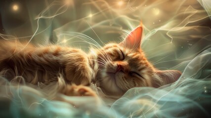 Wall Mural - Dreamy image of a sleeping cat surrounded by soft, ethereal lights and faint images of playful scenarios, exploring the idea 