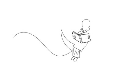 Poster - Animation of continuous line drawing Arab woman sitting on crescent moon reading a book. Metaphor of reading a fairy story before sleeping. One line self drawing animated. Full length motion
