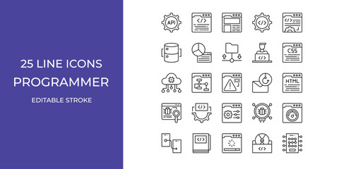 Programmer icon set vector design illustration stock editable stroke. css, html, phising and more