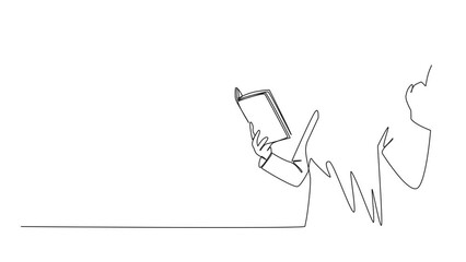 Poster - Animation of single line drawing Arab woman standing reading book. Gesture gets idea. Book can see from different points of view. Brilliant. Continuous line self drawing animated. Full length motion