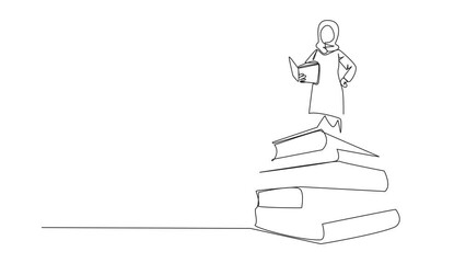 Poster - Animated self drawing of continuous one line drawing Arabian woman standing on pile of books reading fiction story book. Intrigued by book series. Read anywhere. Full length single line animation