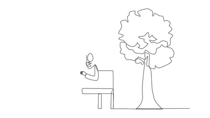 Wall Mural - Animation of single line drawing Arabian woman sitting on park bench reading book. Learn by re-reading textbook. Read to get maximum marks. Continuous line self drawing animated. Full length motion