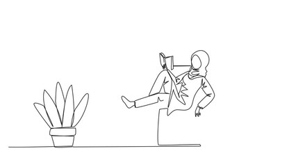 Poster - self drawing animation of one line drawing arab woman sitting stretched out on sofa reading book. re