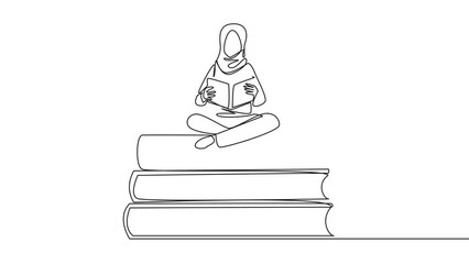 Poster - Animated self drawing of one line drawing Arab woman sitting cross-legged on pile of large books. Read comic. Read textbook. Read journal. Read increase insight. Full length single line animation