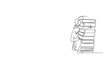Poster - animation of continuous line drawing arab woman hugging very high pile of books. hobby to reading bo