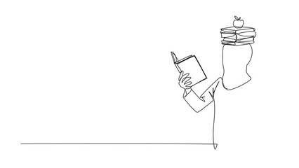 Poster - Self drawing animation of one line drawing Arab woman reading book practicing balance. Stack books on top of head along with the apple. Balancing reading rhythm, train focus. Full length animated