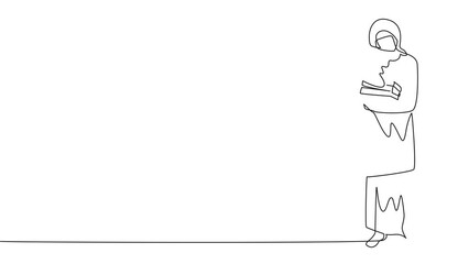 Poster - animation of single continuous line drawing arabian woman standing hugging some books. favorite book