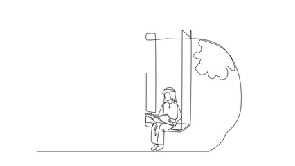 Poster - animation of continuous line drawing arab man sitting on swing under shady tree reading book. enthus