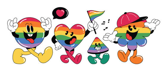 Poster - Set of colorful symbols with rainbow flag colored elements. Cartoon abstract characters in retro for celebrating Pride Month Illustration Design. 
