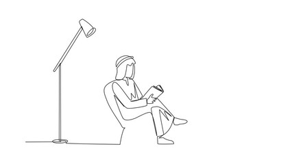 Poster - Animated self drawing of continuous line drawing Arabian man sitting reading in room with reading lamp. Spending holidays increasing knowledge by reading books. Full length single line animation