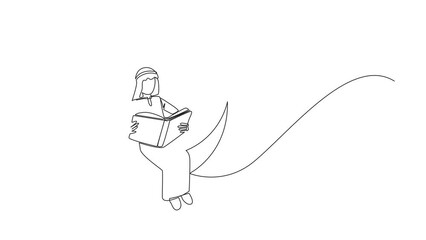 Poster - Self drawing animation of one line drawing Arab man sitting on crescent moon reading a book. Metaphor of reading a fairy story before sleeping. Read until late. Full length animated