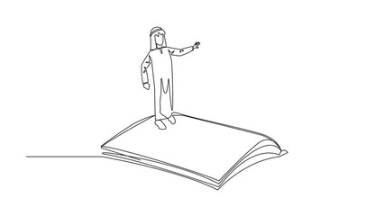 Poster - Self drawing animation of continuous line drawing Arab man standing over open ledger turning the pages. Read slowly to understand contents of each page. Reading increases insight. Full length animated