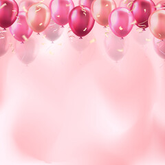 Wall Mural - Template of background with 3d colorful pink realistic balloons with confetti ribbons frame and empty space for greeting text or invitation. Banner for celebration, sale, opening, wedding, holiday, 